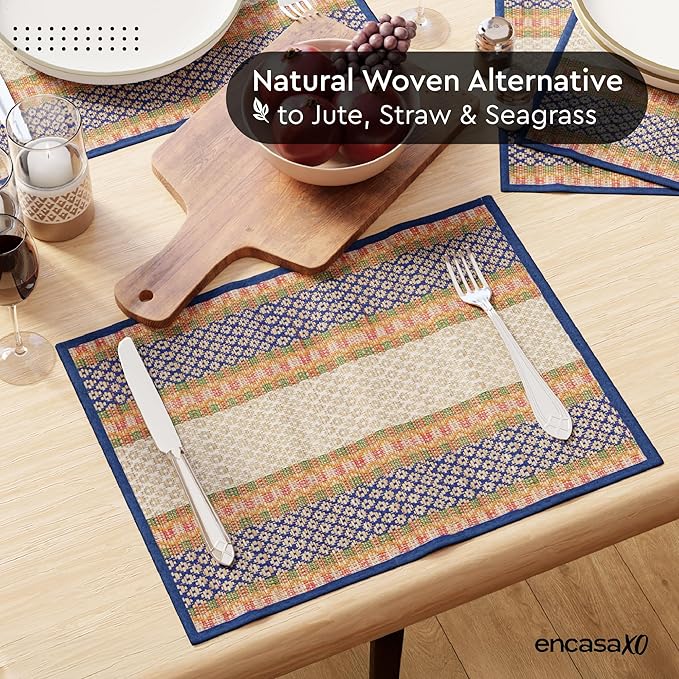 Encasa XO Woven Blue Placemats Set of 4 – 12" x 17" | Handwoven Madurkathi Grass Table mats for Dining Table, Kitchen & Outdoor Decor | Durable & Heat‑Resistant