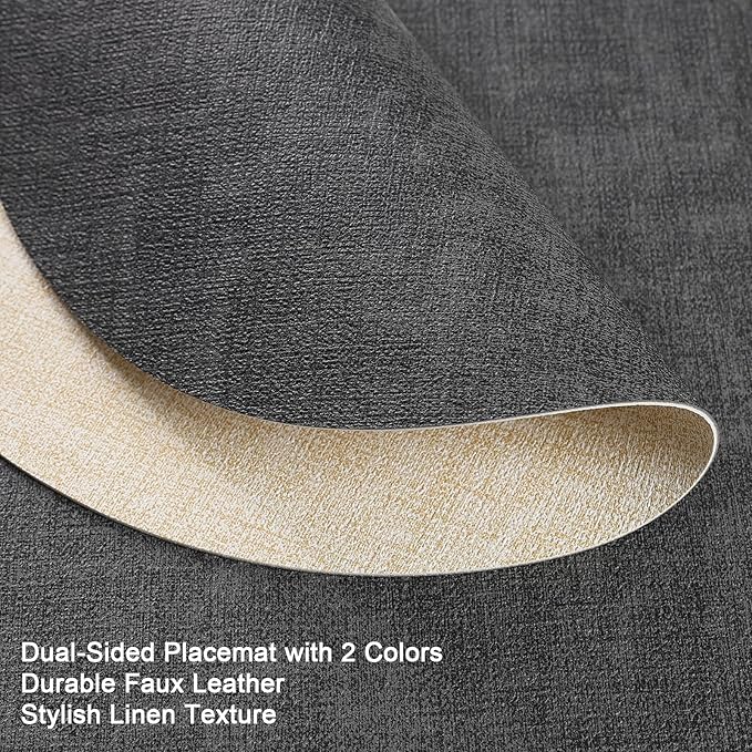Placemats and Coasters, Washable Reversible Placemats Round Faux Leather Wipeable Place Mats Non Slip Heat Resistant Indoor Outdoor Table Mats (Set of 6, Gray Cream)