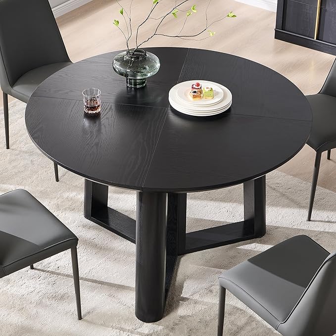 OKD 47" Dining Table for 4-6, Round Dining Room Table with Triangular Structure Pedestal Stable Base, Curved Table Edge, Circle Kitchen Tables for Dining Room, Kitchen, Black Oak