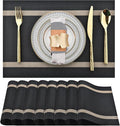 SLKQG Black Placemats Set of 8 - Easy Clean Modern Durable Washable Vinyl Place Mats - Heat Resistant Placemats for Kitchen Table - PVC Table Mats for Dining Table (Black with Stripes, 8)