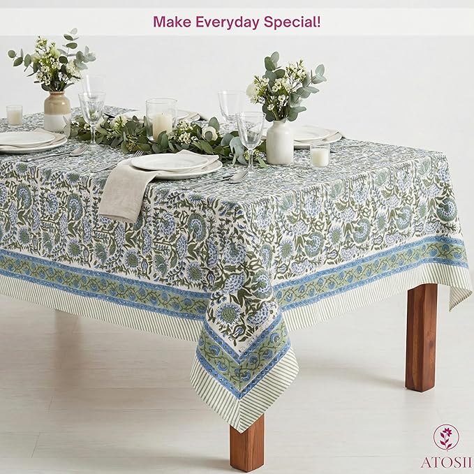 ATOSII Clover Blue 100% Cotton Rectangle Spring Tablecloth, Handblock Floral Linen Table Cloth for Dining Table I Parties Outdoors Fall Christmas Thanksgiving Holidays Decor 72 X 140 Inches, 12 Seater