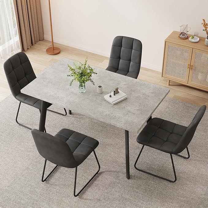 ZckyCine 46.5" Modern Grey Dining Table Set for 4, 5-Piece Kitchen & Dining Room Furniture with 4 Upholstered Chairs, Space Saving Small Dining Table Set for Apartment, Home, Breakfast Nook