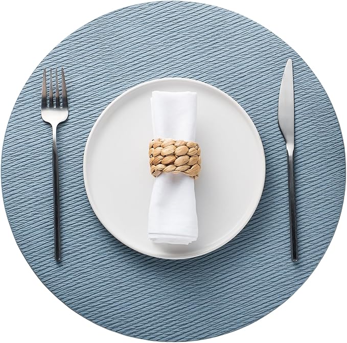 Jovono 15" Faux Leather Big Round Placemats Set of 6 - Washable Heat Resistant Non-Slip Dining Table Mats with Fabric Texture for Kitchen Home Party Decor, Light Blue