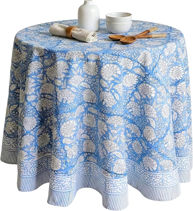 ATOSII Azora Blue 100% Cotton Round Tablecloth, Handblock Print Floral Table Cloth for Kitchen Dining Linen I Parties, Weddings, Outdoors I 90" Inches Round