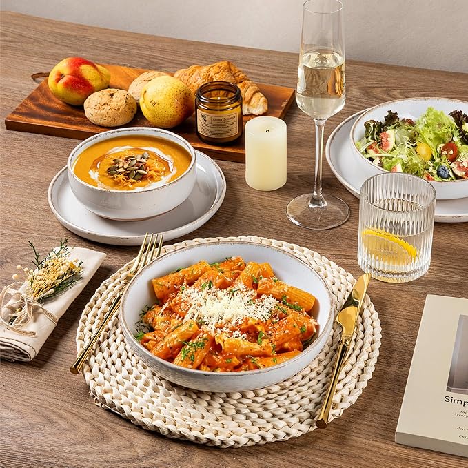 AmorArc 8.75'' Large Ceramic Pasta Bowls, 36oz Handpainted Stoneware Bowls Set of 4, Microwave&Dishwasher Safe Bowls with Wavy Rim&Rustic Terracotta Underside for Pasta Salad, White-Handbrush Rim