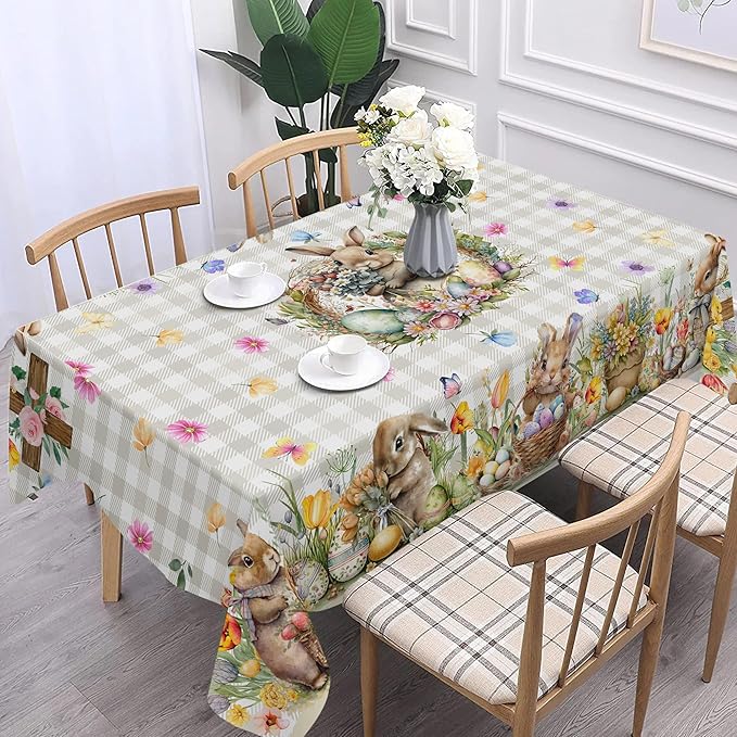 Easter Tablecloth 60 x 104 Inch Rectangle, Easter Bunny Table Cloth Buffalo Check Plaid Kitchen Table Cover for Dining Room Spring Oblong Tablecloth Indoor Decor
