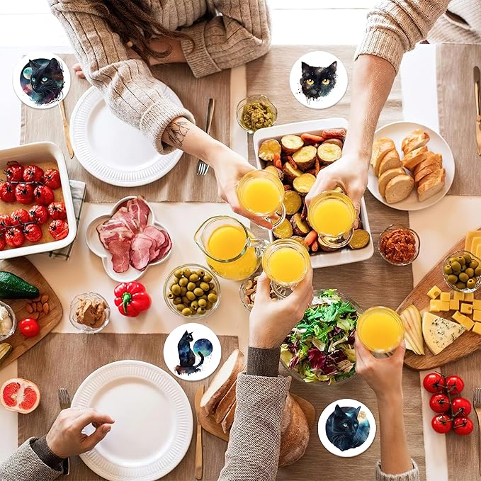 Drink Coasters with Holder,6 Pcs Black Cat Moon Coffee Cup Mat with Storage Holder, Durable Ceramic Coaster Set for Hot & Cold Beverages