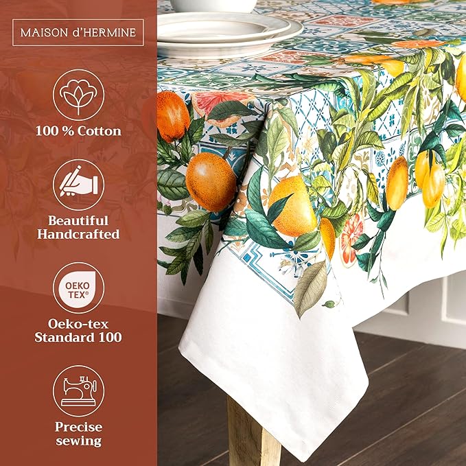 Maison d' Hermine Table Cloth Rectangle Table 100% Cotton 60 x 120 Inches Tablecloth Reusable Decorative for Dining Room Farmhouse Home Valentines Day Decorations Spring Summer - Agrume