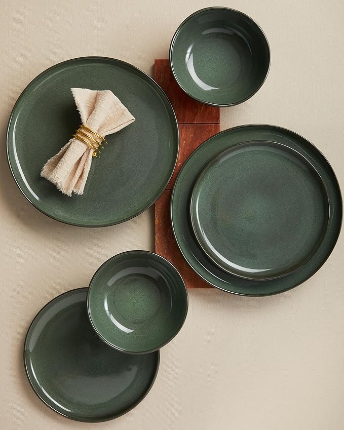 Ceramic Plates and Bowls Set, Everyday Dinnerware Set for 4, Wavy Rim Kitchen Dish Set, Chip Resistant Dishware Sets, Dishwasher Safe Dinner Set, Designed for Simple Meals, Forest Green