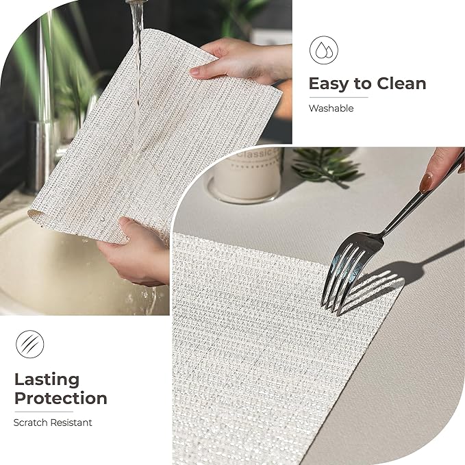Leetaltree Luxury White and Silver Woven Placemats Set of 6 - Waterproof Washable Textured Table Mats for Wedding, Anniversary, Daily Use - Sparkling Metallic Thread Table Decor - Hand-Cut