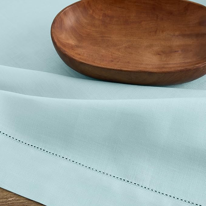 Solino Home Linen Square Tablecloth 52 x 52 Inch - 100% Pure Linen Aqua Blue Table Throw - Classic Hemstitch, Machine Washable Table Cloth for Winter, Spring, Easter