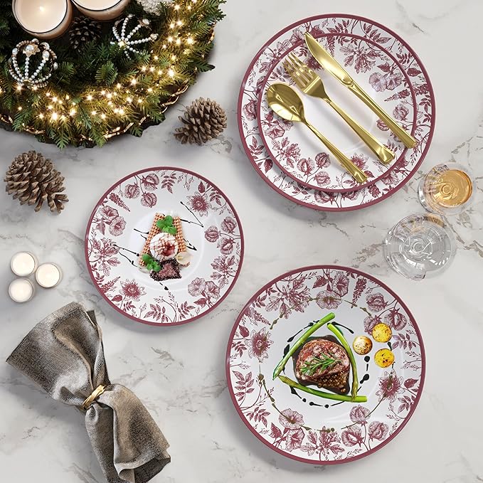 Trendables Disposable Plates For Party Supplies | Burgundy Floral Plastic Plates For Wedding 200 Pcs - 100 X 8 & 100 X 10 Dinner Plate Sets | Floral Plate Set Disposable Plastic Dinnerware Sets