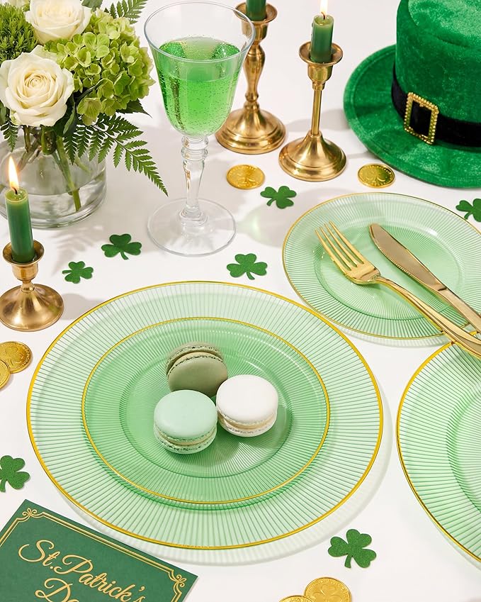 Hioasis 60pcs Green and Gold Plastic Plates - Green Disposable Dinnerware Set, 30pcs Dinner 10.25in & 30pcs Dessert 7.5in Plates with Striped Designs for Party & St. Patrick's Day