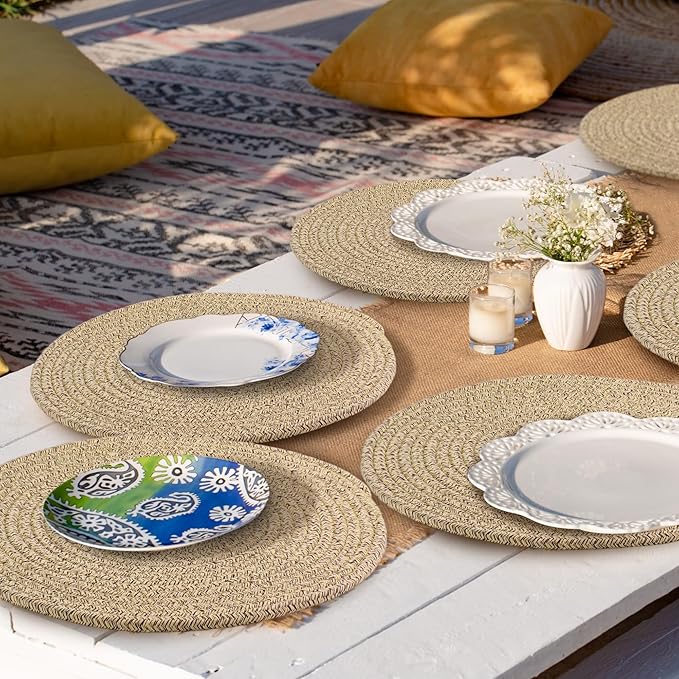 Kochorie Set of 8 Woven Cotton Round Placemats, 13 Inch Boho Table Place Mats for Kitchen and Dining Table, Farmhouse Heat Resistant Washable Trivets, Fall Thanksgiving Christmas Décor (Brown)