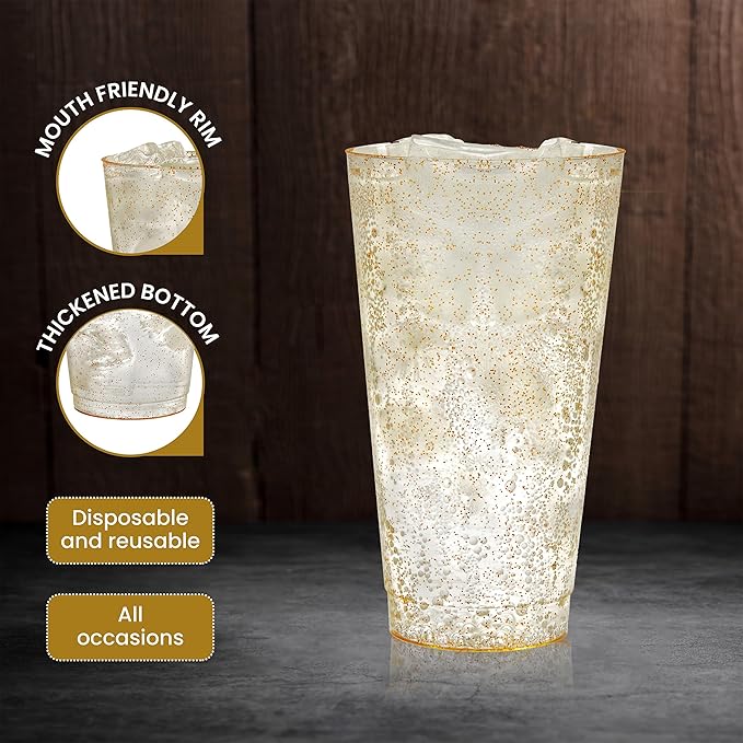 R-kay 16 oz Gold Glitter Plastic Cups For Party - 50 Pack Gold Plastic Cups - Hard Disposable Cups - Premium Heavy Duty Gold Cups - Disposable Cocktail Glasses - Party Cups (50 Pack, 16, ounces)