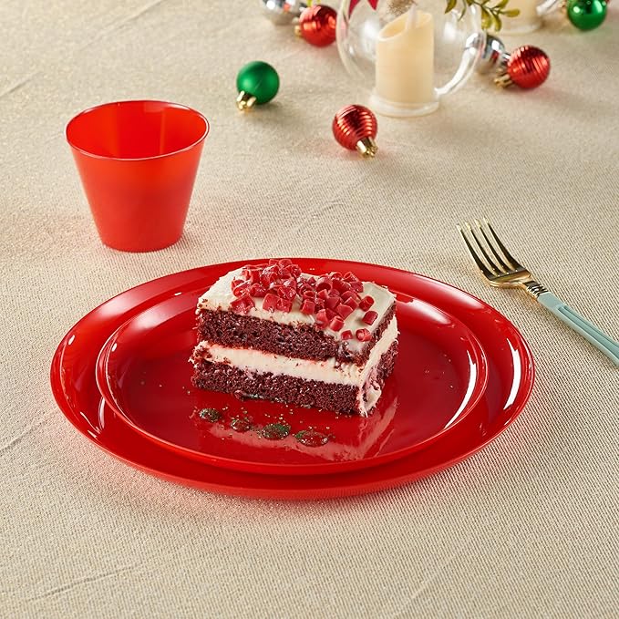 PLASTICPRO 30 Pack 8.6'' Christmass Red Plastic Party Plates Edge Collection Premium heavyweight Elegant Disposable Tableware Dishes