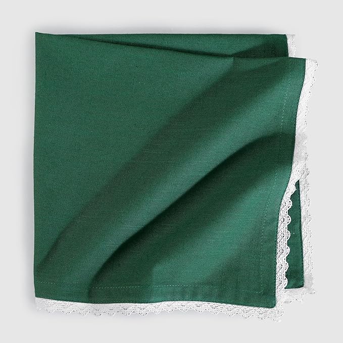 FINGERCRAFT Dinner Cloth Napkin Cotton Blend 12 Pack Vintage Rustic Premium Quality Mitered Corners Napkin Cloth with Elegant Lace for Everyday Use, Pre Shrunk and Good Absorbency 20x20 in Eden Green