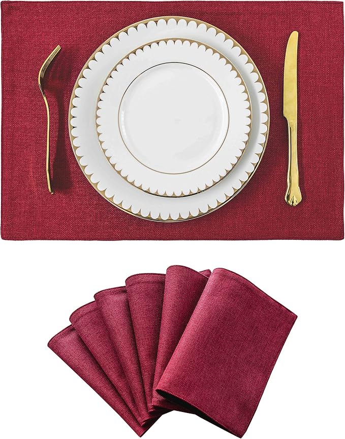 Home Brilliant Placemats Set of 6 Red Place Mats Decoration Heat Resistant Dining Table Place Mats Machine Washable Valentine's Day Kitchen Table Mats, 13x19 inch, Burgundy