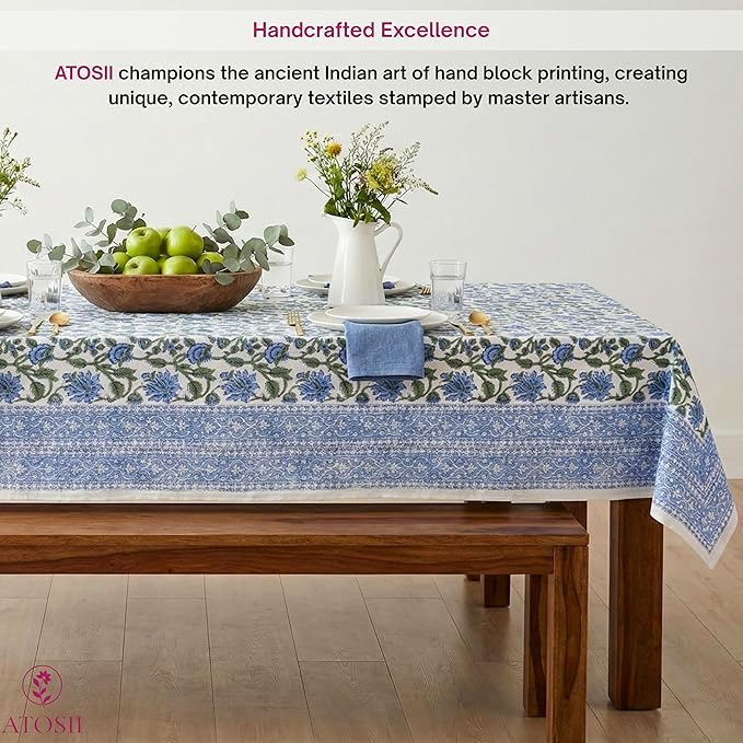 ATOSII Taj 100% Cotton Fall Tablecloth, Handblock Print Rectangle Table Cover for Kitchen Dining Linen I Parties, Thanksgiving, Christmas, Wedding, Table Cloth I 72 X 140 Inches I 12 Seater