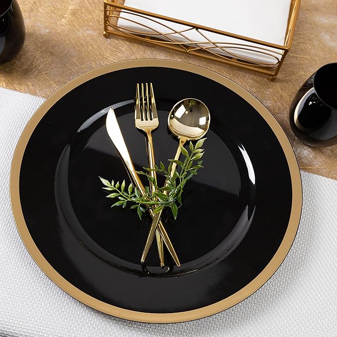 PARTY BARGAINS 13-Inch Charger Plates - 96 Pack, Black Gold Rim, Heavy-Duty Disposable Chargers for Elegant Dining - Ideal for Weddings and Formal Events