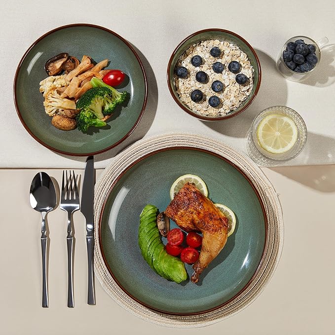 Stoneware Dinnerware Sets Service for 12, 36 pcs Reactive Glaze Plates and Bowls Sets, Handmade Ceramic Dish Set, Highly Chip and Crack Resistant Modern Plate Set, Brown Green