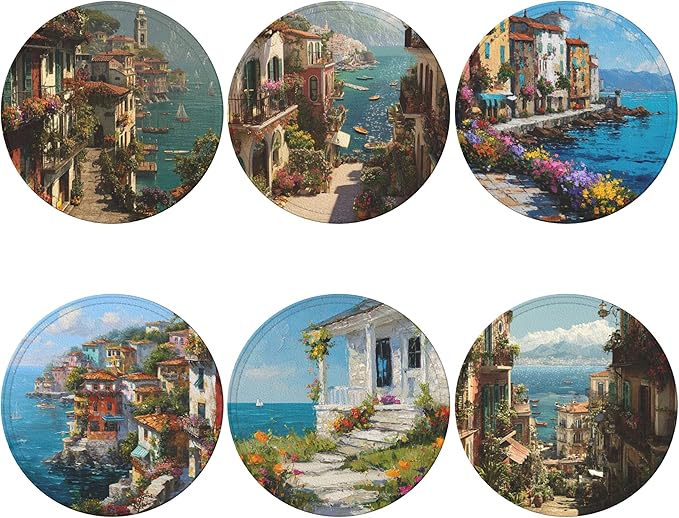 Ocean City Coasters Leather Round Drink Coasters 6 Pcs Set with Holderor for Cup Drink Coffee Table Bar Home Decor
