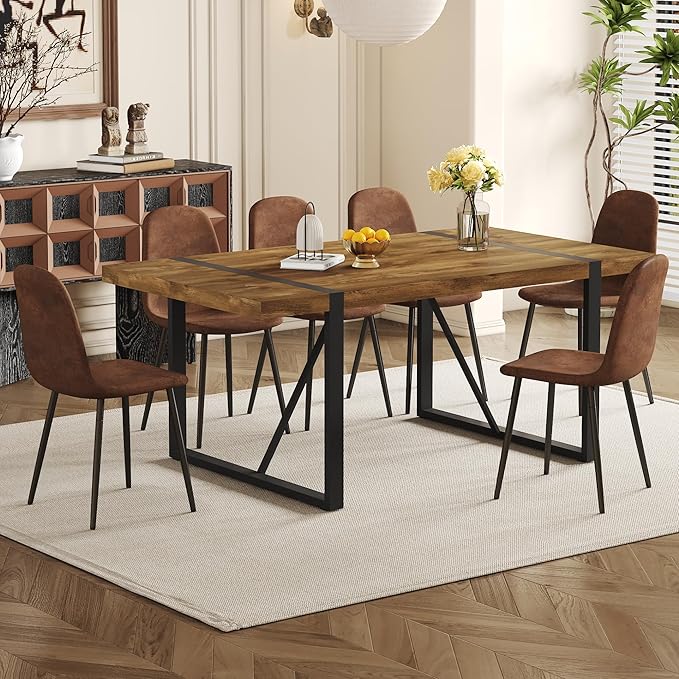 Dining Table Set for 6, Modern 71'' Dark Wood Dining Table and Fabric Dining Chairs Set of 6,Table and Chairs Set of 6,Ideal for Kitchen Dining Room