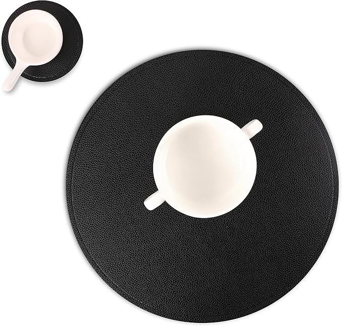 Set of 6 Faux Leather Round Placemats and Coasters, Coffee Mats Kitchen Table Mats, Waterproof, Easy to Clean for Kitchen Dining Round Table