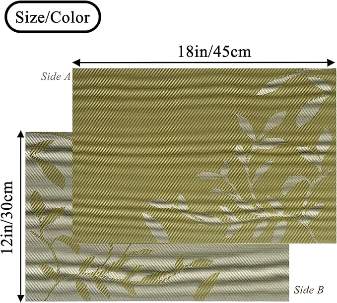 Leaf Placemats Set of 6 Non-Slip Heat-Resistant Vinyl Washable Place Mats for Kitchen Table Indoor Outdoor Durable (18"x12", Green)