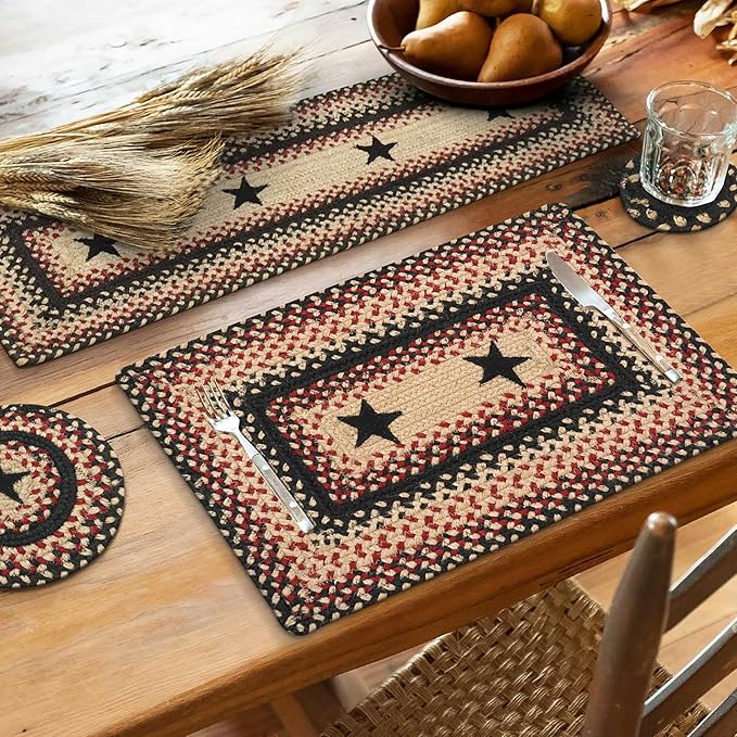 Homespice Primitive Star Gloucester Jute Braided Dinner Table Runner, Warm Primitive Decor, Set of 2, Black and Red Rectangle 8x28 - Rich Colors, Easy to Clean, Durable and Protects Furniture