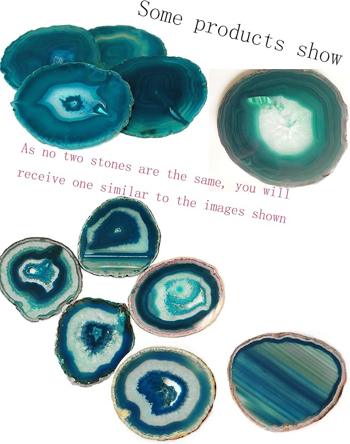 AMOYSTONE Teal Agate Coasters Set of 4, 3.5-4 Inch Large Stone Coasters, Heat Resistant & Non-Porous, Luxury Drink Accessories for Entertaining, Dinner Party Decor