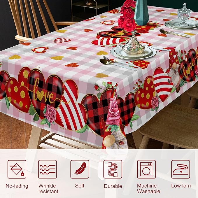 Round Valentines Day Tablecloth, Valentines Day Round Table Cloth 52 Inch with Red Heart and Roses, Valentines Tablecloth Kitchen Table Cover for Dining Room Indoor Decor