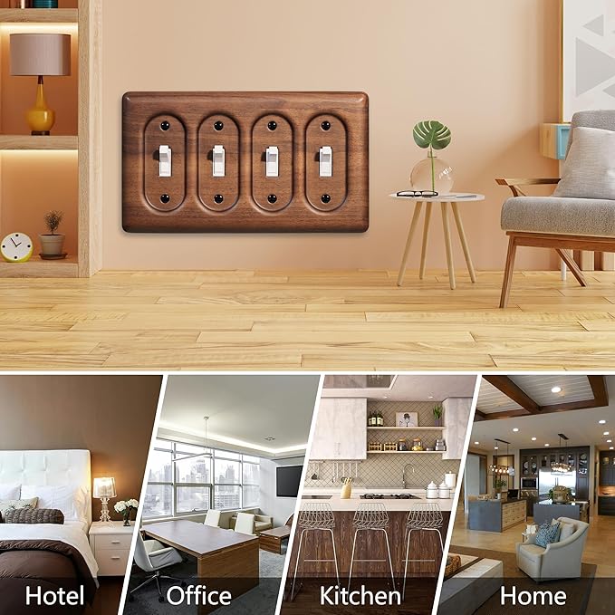4-Gang Four Light Switch Plate Handcrafted North American Walnut Wall Plate for Rustic and Stylish Homes