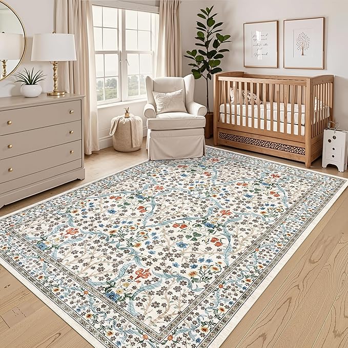 GarveeHome 8x10 Area Rugs, Washable Rugs for Living Room Non Slip Stain Resistant Ultra Soft Floral Rug, Boho Carpet Floor Mat for Bedroom Dining Room Nursery Playroom Office, Beige