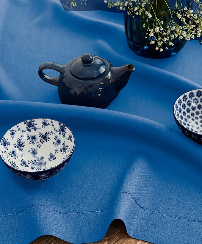 Solino Home Linen Square Tablecloth 52 x 52 Inch - 100% Pure Linen Indigo Blue Table Throw - Classic Hemstitch, Machine Washable Table Cloth for Spring, Easter