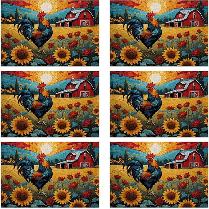 Painting Sunflowers Rooster 12x18 Inch Placemats Set of 6 - Waterproof, Non-Slip & Washable Table Mats for Kitchen & Dining Table Placemats