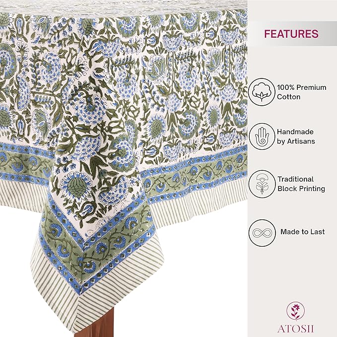 ATOSII Clover Blue 100% Cotton Rectangle Spring Tablecloth, Handblock Floral Linen Table Cloth for Dining Table I Parties Outdoors Fall Christmas Thanksgiving Holidays Decor 72 X 140 Inches, 12 Seater