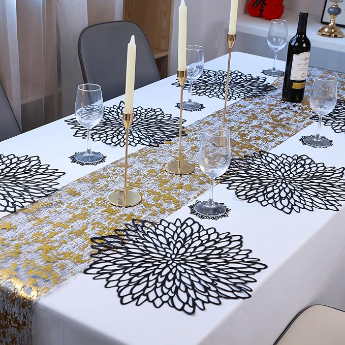 Snowkingdom Pack of 12 Black Placemats Washable Pressed Vinyl Laser Cut Dining Table Mats Round Floral Charger Decoration for Christmas Halloween Thanksgiving Wedding