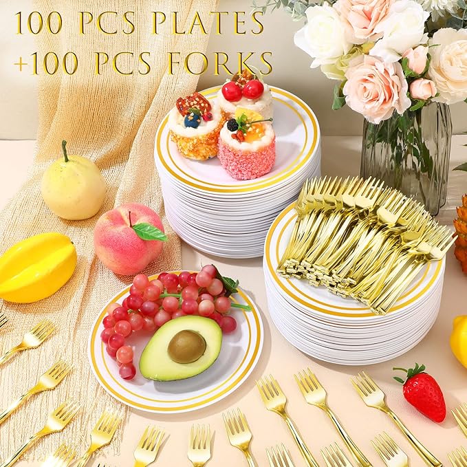 Eccliy 400 Pieces Plastic Cake Plates with Dessert Forks, 7.5 Inch Disposable Plastic Plates Appetizer Plates Salad Plates Party Plates Heavy Duty for Wedding Reception Parties Holidays (Gold)