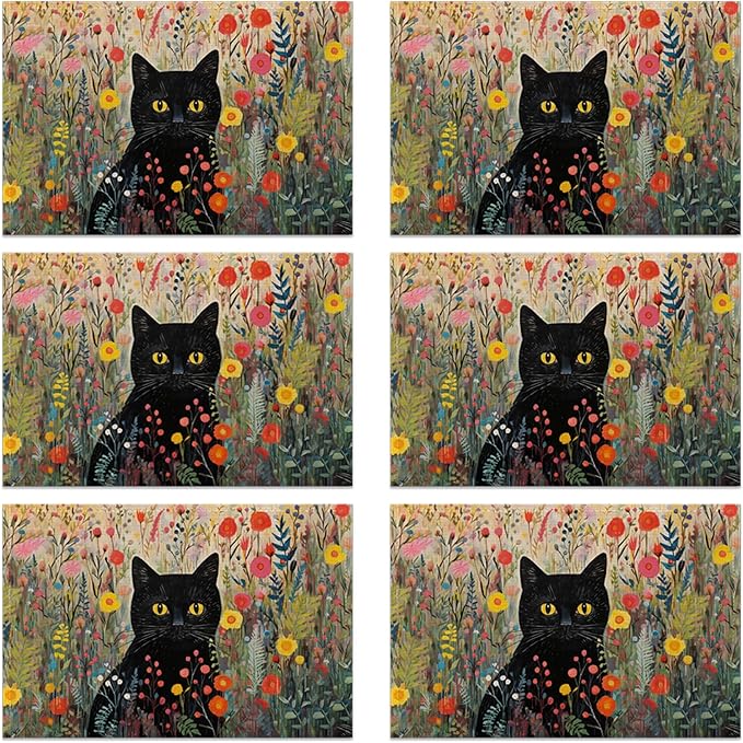 Placemats Set of 6 Cat Flowers Spring Place Mats Washable Kitchen Dining Linen Table Mats Stain Heat, for Home Party Indoor 12x18 in
