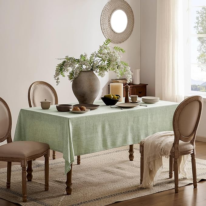 Linen Tablecloth for Rectangle Table 60x120 Inch Green, Farmhouse Style Sage Green Tablecloth, Water Resistant Burlap Tablecloths for Dining Table Farmhouse Kitchen