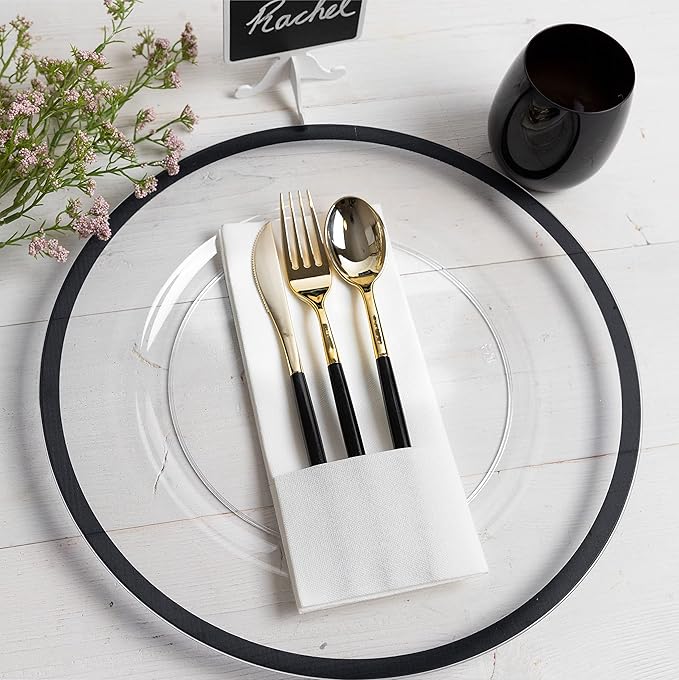 PARTY BARGAINS 13-Inch Charger Plates - 4 Pack, Clear Black Rim, Heavy-Duty Disposable Chargers for Elegant Dining - Ideal for Weddings and Formal Events