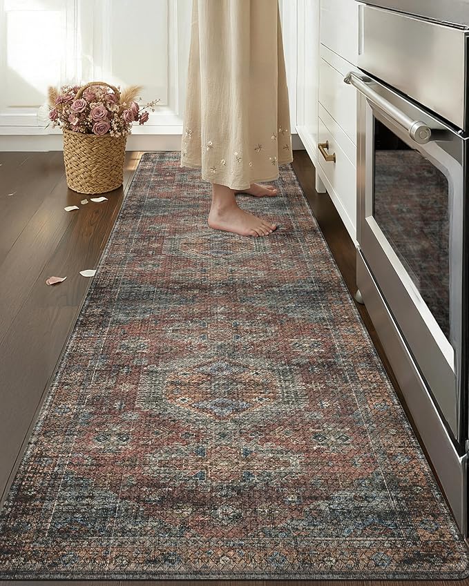 Color&Geometry Kitchen Floor Mats Anti Fatigue, Cushioned Boho Rugs,Waterproof Non Slip Kitchen Runner for Sink, Standing Mats for Office,24"x87",Dark Red