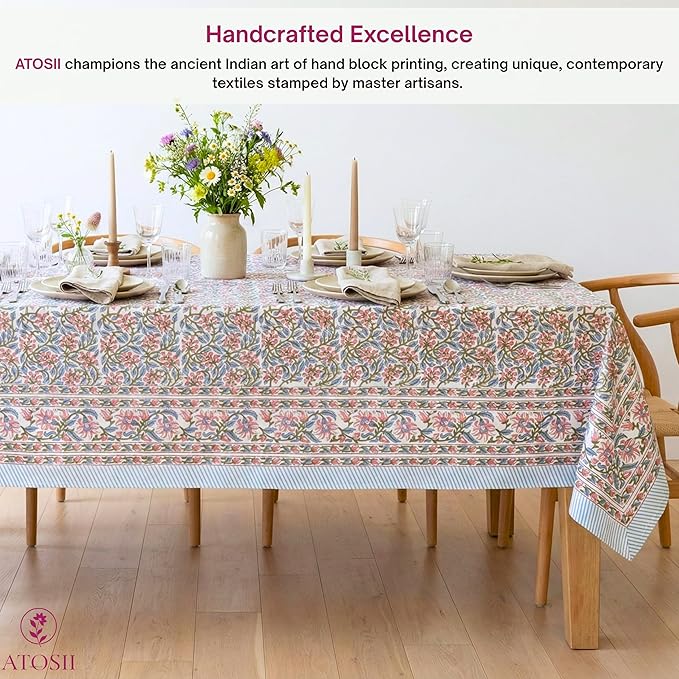 ATOSII Kalina 100% Cotton Rectangle Tablecloth, Handblock Floral Linen Table Cloth for Kitchen Dining Table I Parties Wedding Outdoors I Home Decor 60 X 90 Inches