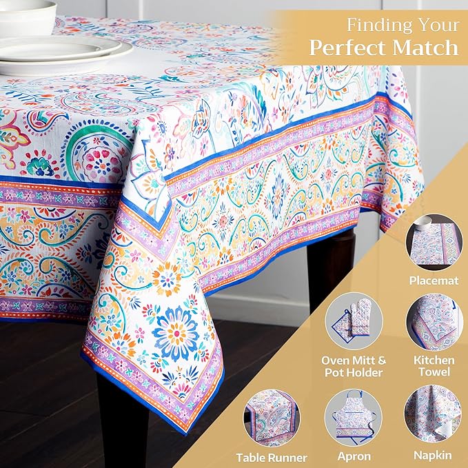 Maison d' Hermine Table Cloth Rectangle Table 100% Cotton 70 x 90 Inches Tablecloth Reusable Decorative for Dining Room Farmhouse Home Valentines Day Decorations Spring Summer - Indian Floral