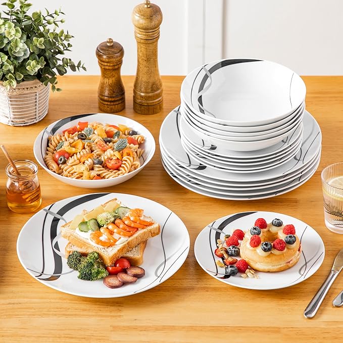 VEWEET Porcelain Dinnerware Sets for 6, 18 Pieces Plates and Bowls Set with Black and Grey Ribbon Lines, Dishes Set Dining Ware for Dinner, Microwave and Dishwasher Safe, Series FIONA