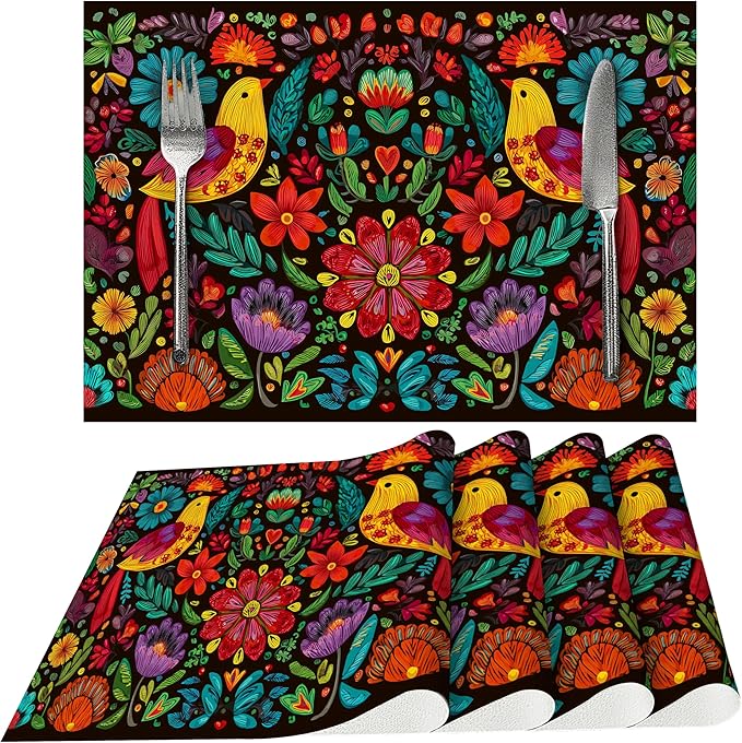Mexican Placemats Set of 4 Washable Table Place Mats for Dining Kitchen Party Decor