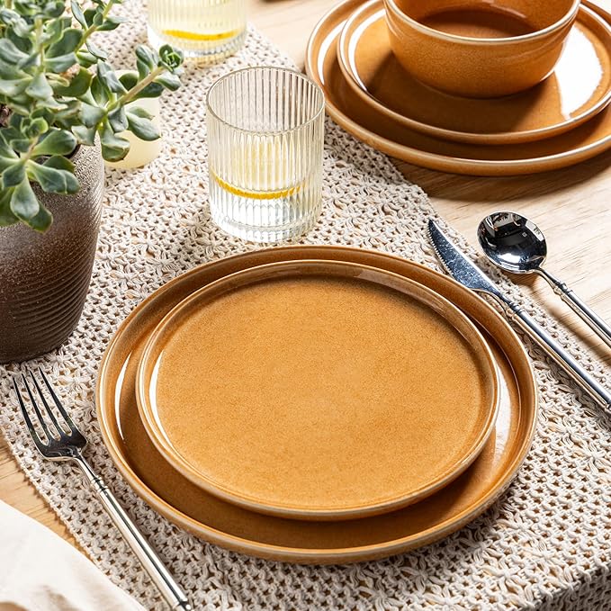 GBHOME Ceramic Dinnerware Sets for 6, 18 Pieces Stoneware Plates and Bowls Sets, Scratch Resistant Dishes, Dishwasher & Microwave Safe, Reactive Glaze-Amber
