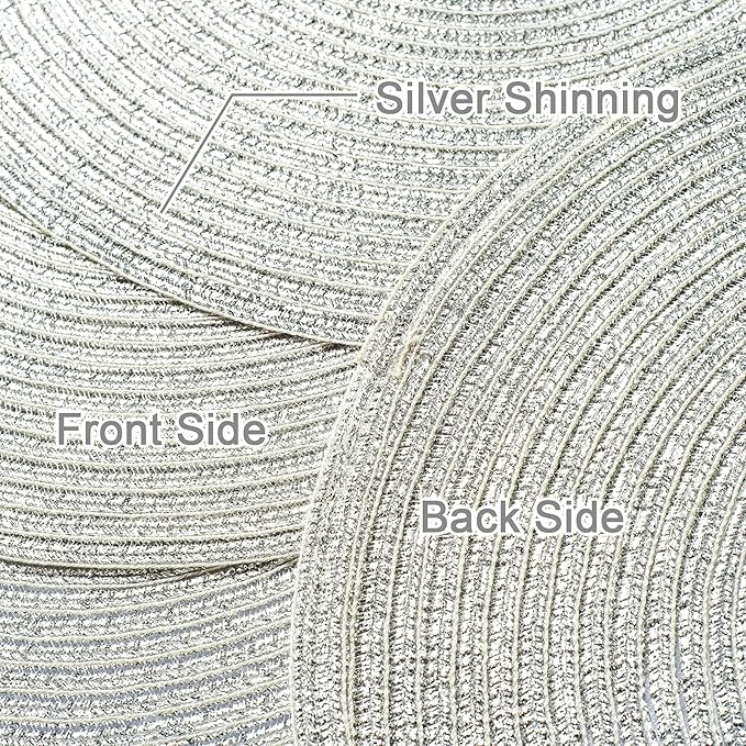 AHHFSMEI Round Braided Placemats 15 Inch Round Table Mats for Dining Tables Natural Woven Heat Resistant Place mats Set of 6 (Silver Shine)