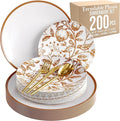 Trendables Fancy Plastic Dinnerware Sets 200 Pc Set 40 Guests Gold Silverware Disposable 40 X 10 Inch Charger Plates 40 X 8 Inch Dessert Plates 40 x Gold Plastic Forks and Spoons Knives In Pomegranate